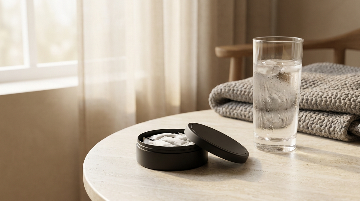 Lattina di nicotine pouch aperta su un tavolo accanto a un bicchiere d'acqua ghiacciata e una coperta piegata