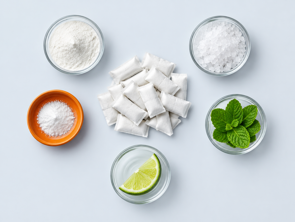White nicotine pouches surrounded by bowls of plant fibre, salt, sodium carbonate, mint and lime