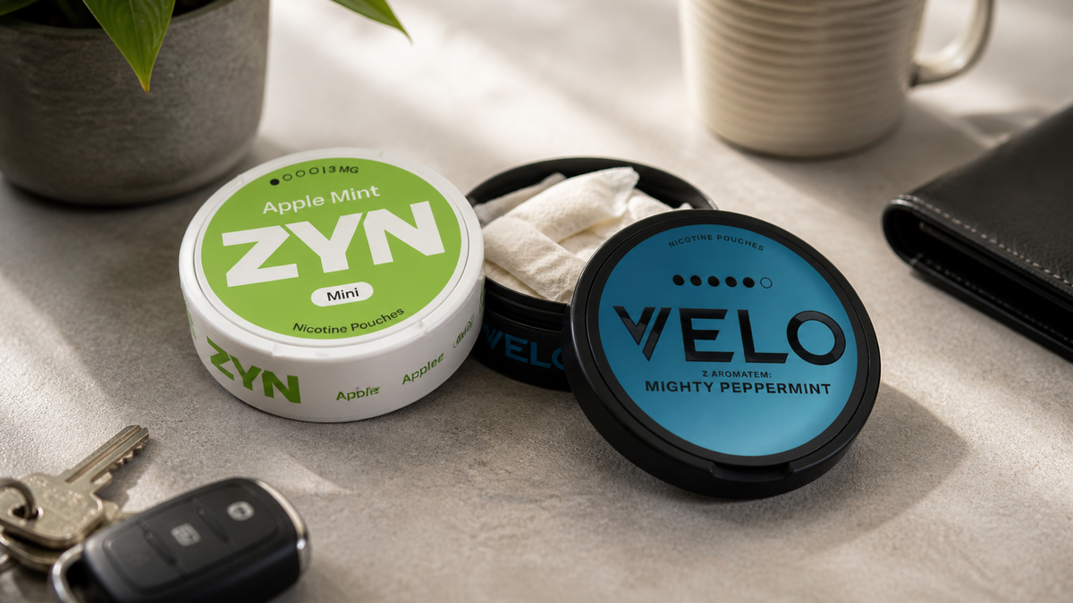 Una lattina di ZYN Apple Mint e una lattina di VELO Mighty Peppermint con una lattina aperta, chiavi dell'auto e un portafoglio su un ripiano