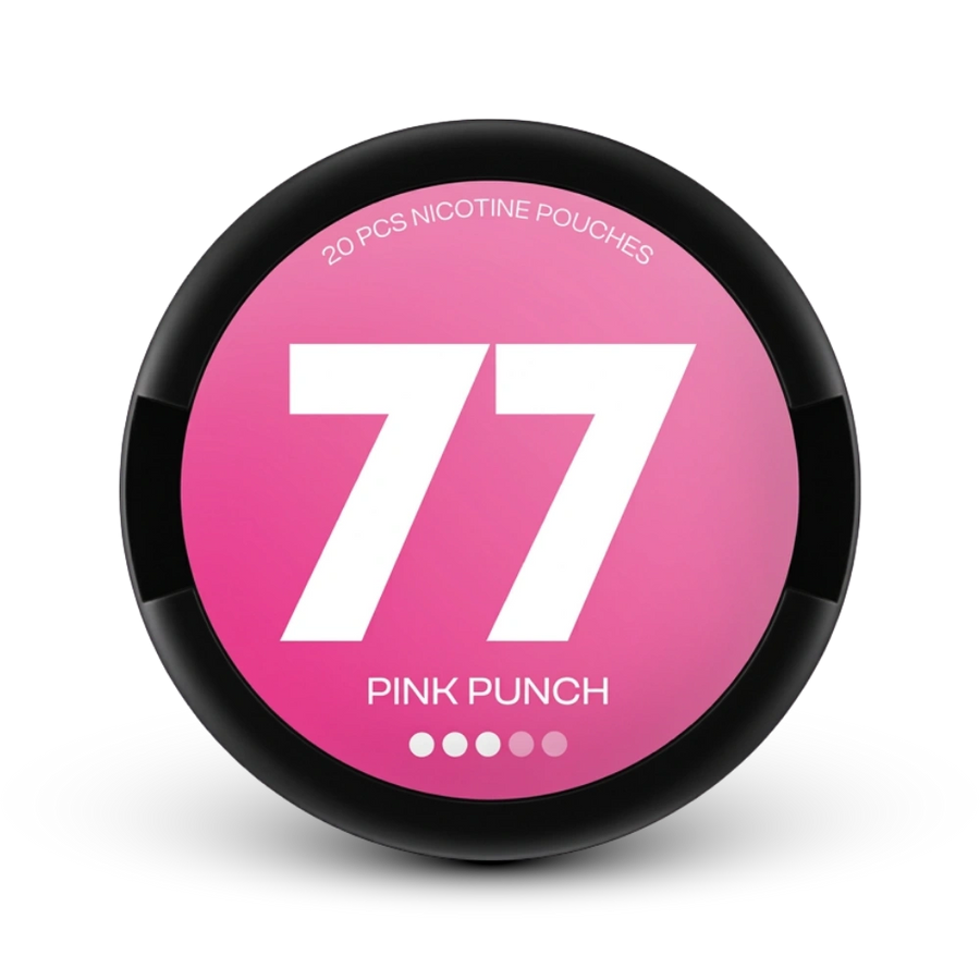 77 Nicotine Pouches Pink Punch, 20 pezzi, forza media, lattina rosa-nera