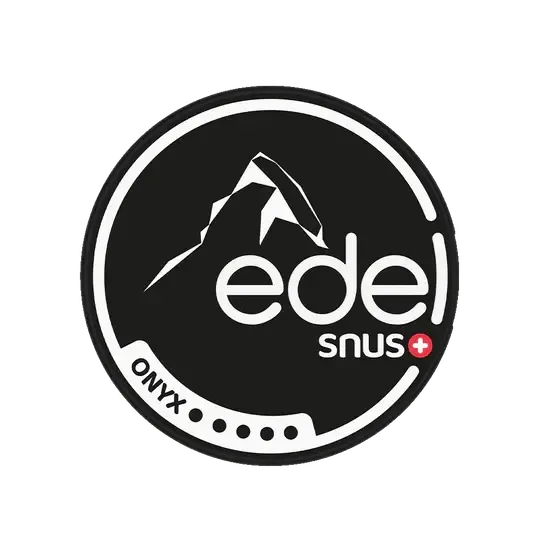 Logo Edel Snus Onyx con motivo montano su sfondo nero, marchio svizzero di Snus