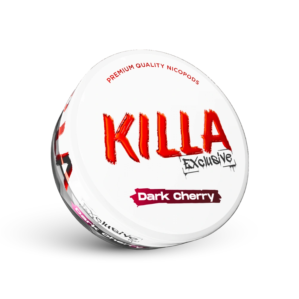 Killa Exclusive Dark Cherry Nicotine Pouches in confezione bianca con logo rosso e indicazione del sapore ciliegia scura