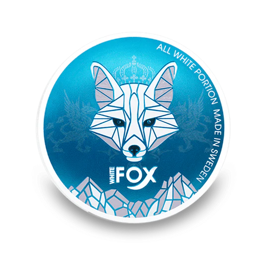 White Fox All White Portion Slim Nicotine Pouches in scatola blu con logo della volpe