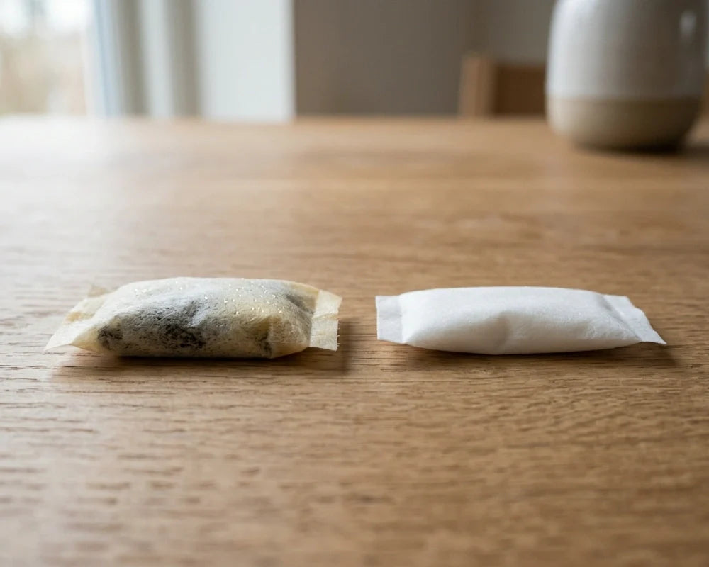 Una porzione di snus tradizionale marrone accanto a una bustina di nicotina senza tabacco bianca su un tavolo di legno