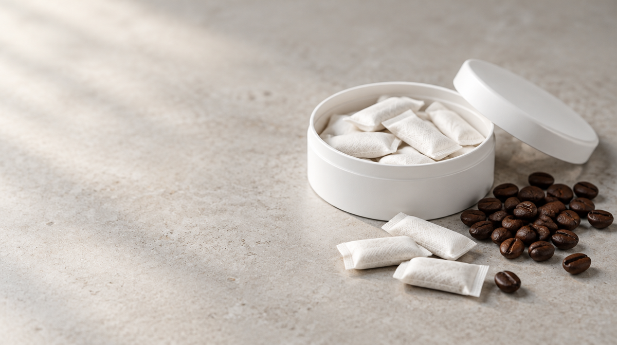 Open white tin filled with caffeine pouches next to roasted coffee beans on a light stone surface