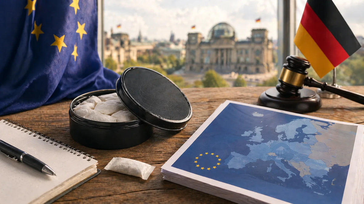 Bandiere dell'UE e della Germania con una lattina di nicotina aperta, un martello e una mappa dell'Europa su una scrivania di fronte al Reichstag