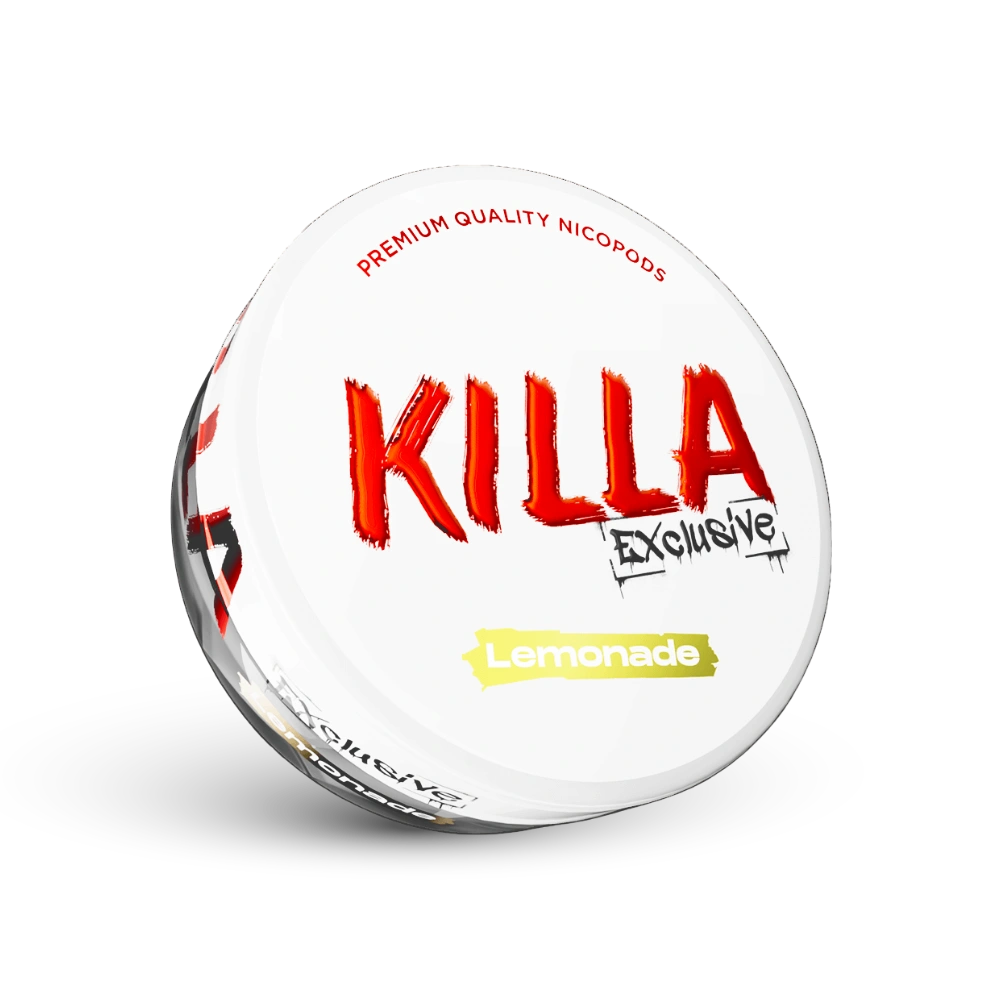 Killa Exclusive Lemonade Nicotine Pouches Dose mit Zitronengeschmack und rotem Logo su sfondo bianco
